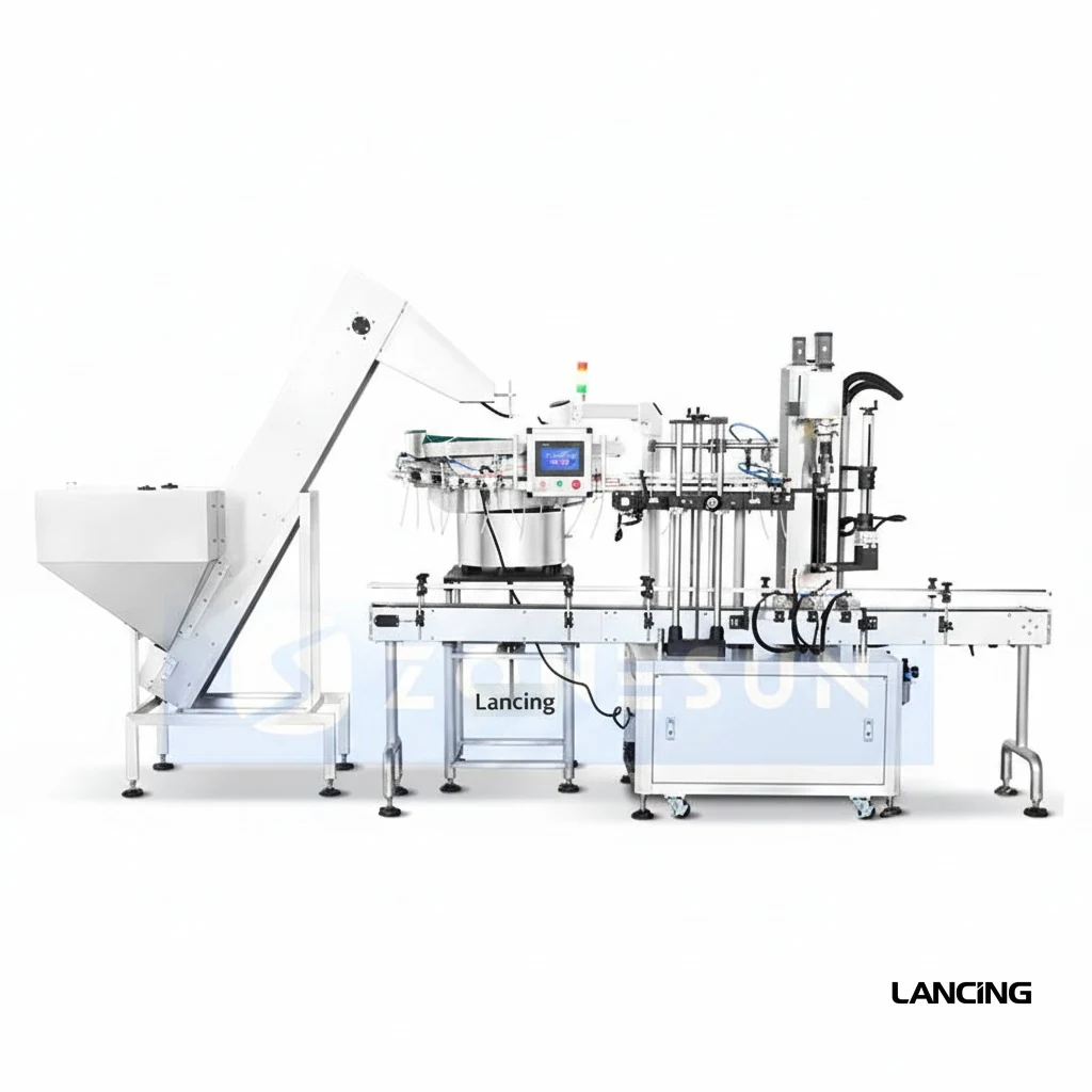 Automatic capping machine integrated into a packaging line